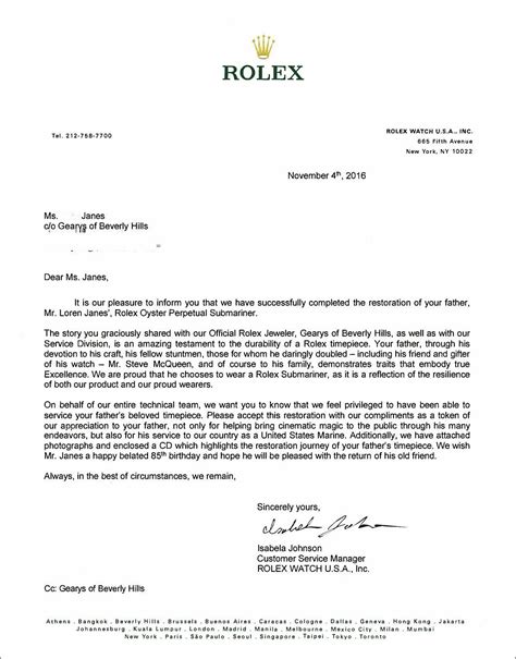 rolex customer service email.